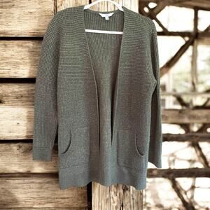Cardigan Waffle Knit Long Oversized 2-Pocket Sage Green Open Front M